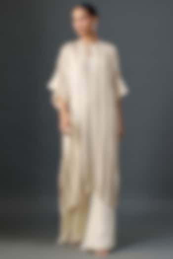 Ivory Silk Chiffon Sequins Embroidered Kaftan Set by Nakul Sen at Pernia's Pop Up Shop