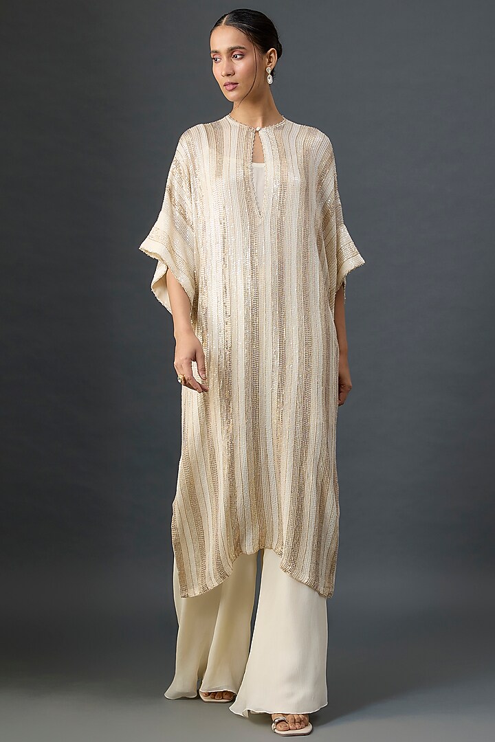 Ivory Silk Chiffon Sequins Embroidered Kaftan Set by Nakul Sen at Pernia's Pop Up Shop