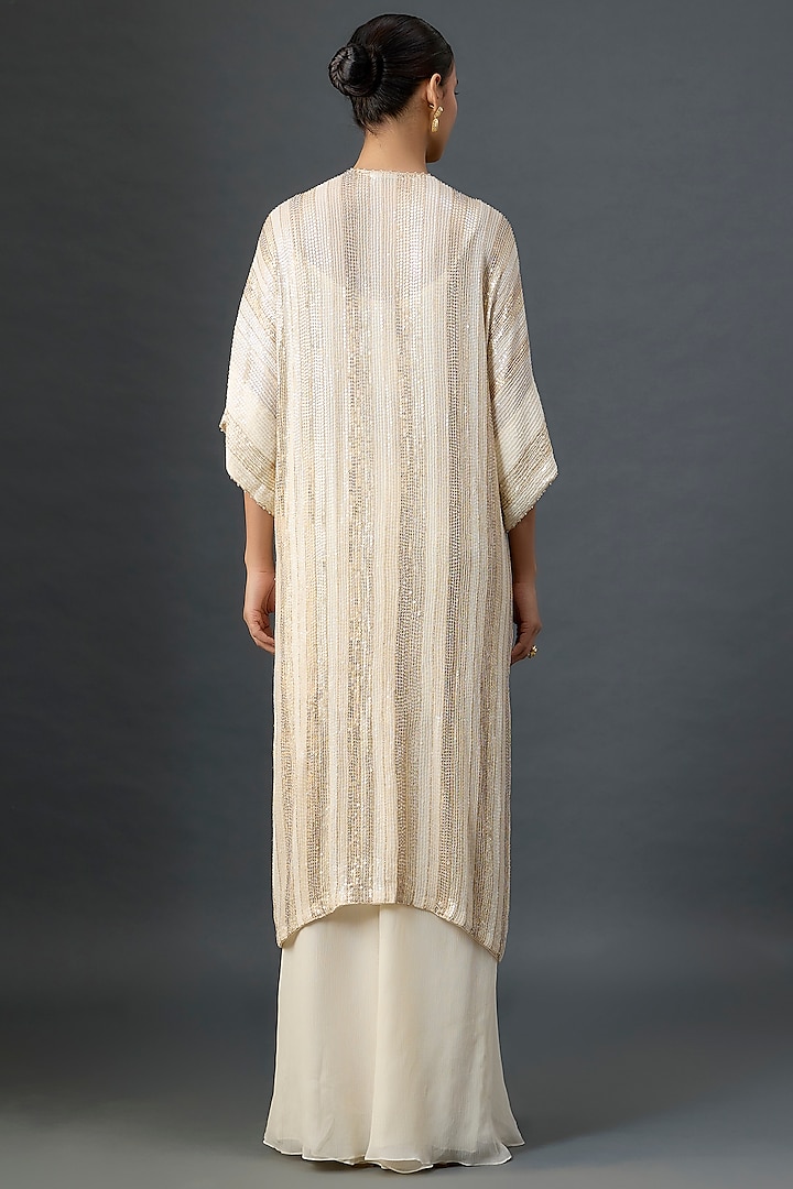 Ivory Silk Chiffon Sequins Embroidered Kaftan Set by Nakul Sen at Pernia's Pop Up Shop