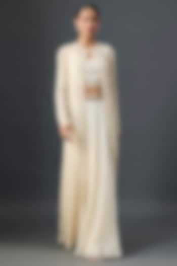 Ivory Silk Chiffon Sequins Embroidered Jacket Set by Nakul Sen at Pernia's Pop Up Shop