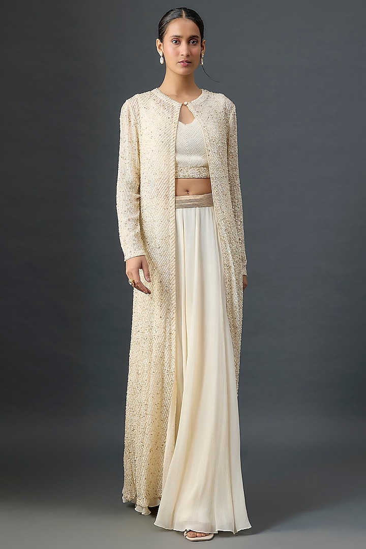 Ivory Silk Chiffon Sequins Embroidered Jacket Set by Nakul Sen at Pernia's Pop Up Shop