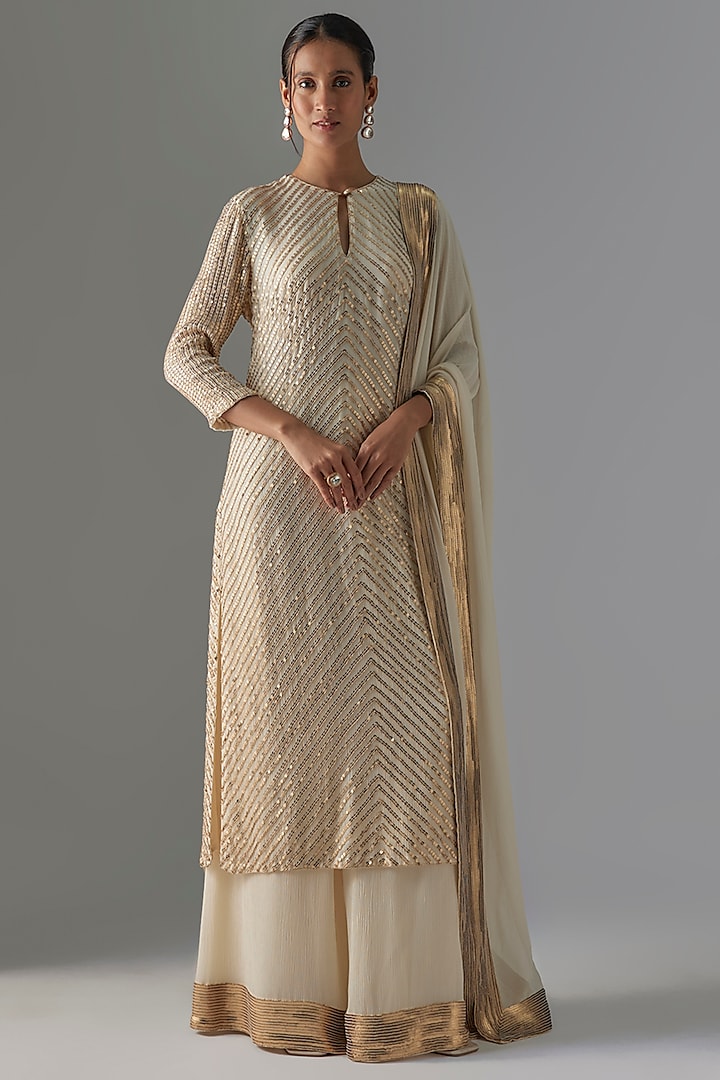 Ivory Chiffon Sequins Embroidered Kurta Set by Nakul Sen at Pernia's Pop Up Shop