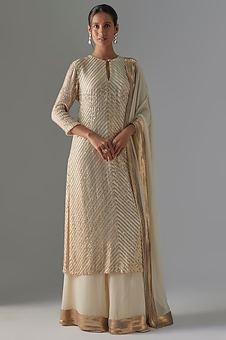 Ivory Chiffon Sequins Embroidered Kurta Set by Nakul Sen