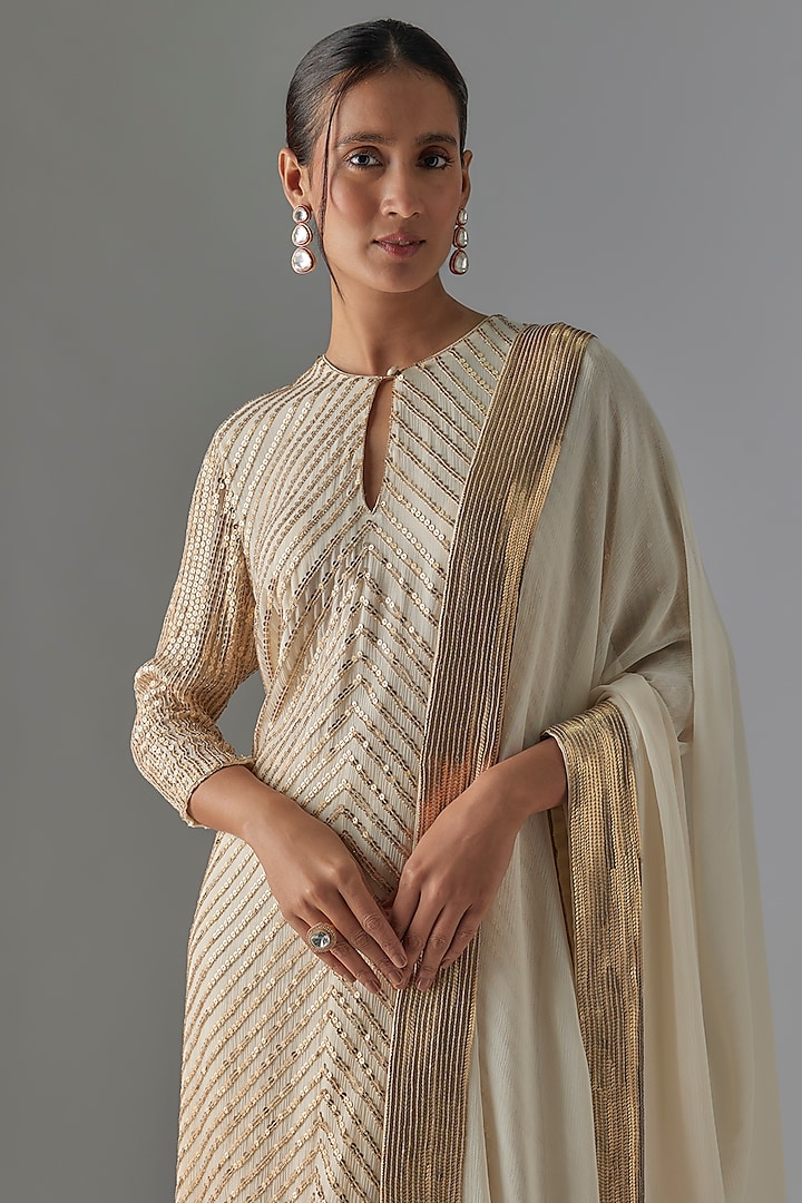 Ivory Chiffon Sequins Embroidered Kurta Set by Nakul Sen at Pernia's Pop Up Shop