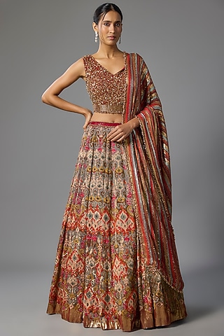 Red Silk Chiffon Lehenga Set by Nakul Sen