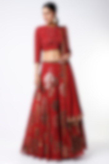 Red Sequins Embroidered Lehenga Set by Nakul Sen