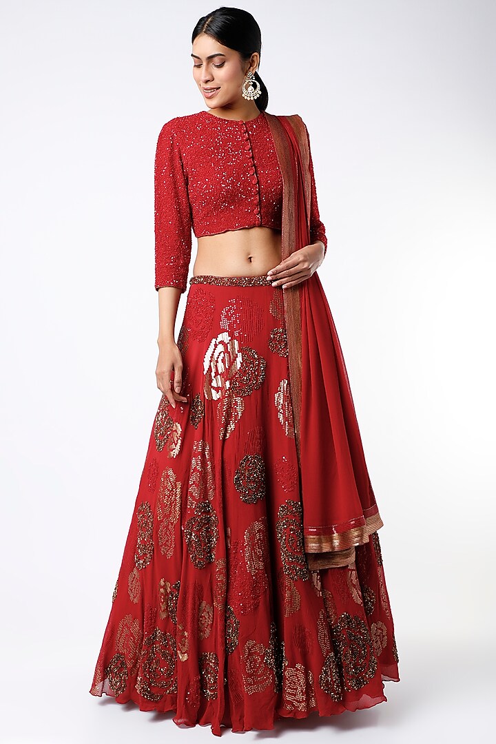 Red Sequins Embroidered Lehenga Set by Nakul Sen