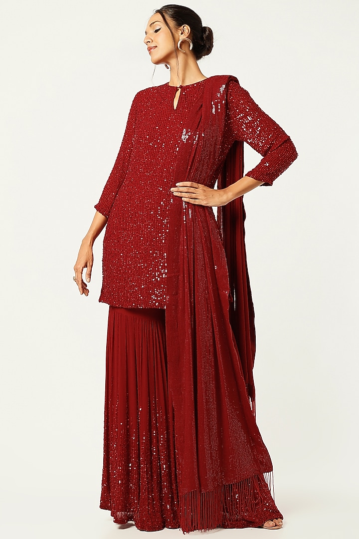 Red Silk Embroidered Sharara Set by Nakul Sen