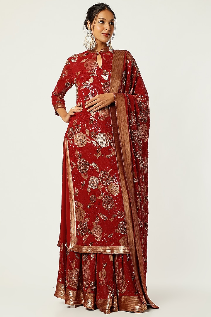 Red Sharara Set With Embroidery by Nakul Sen