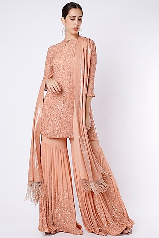 Salmon Pink Sequins Embroidered Sharara Set by Nakul Sen