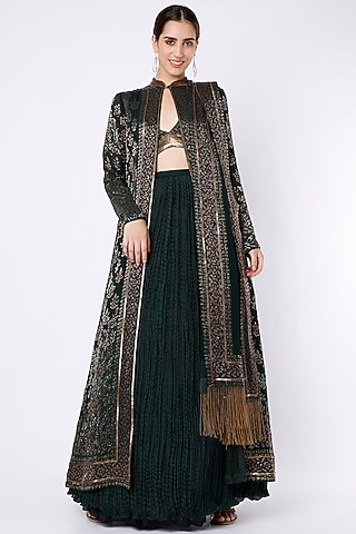 Bottle Green Chiffon Cutdana Embroidered Jacket Set by Nakul Sen