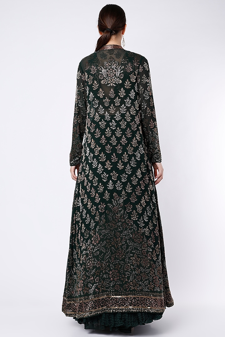 Bottle Green Chiffon Cutdana Embroidered Jacket Set by Nakul Sen at Pernia's Pop Up Shop