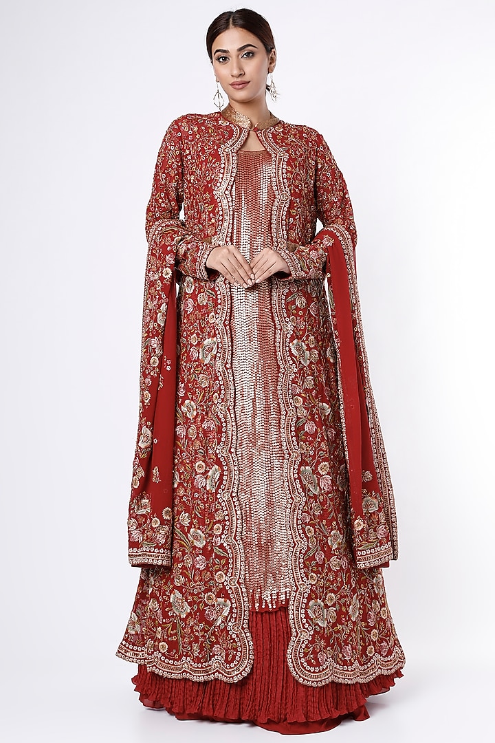 Red Thread Embroidered Jacket Set by Nakul Sen