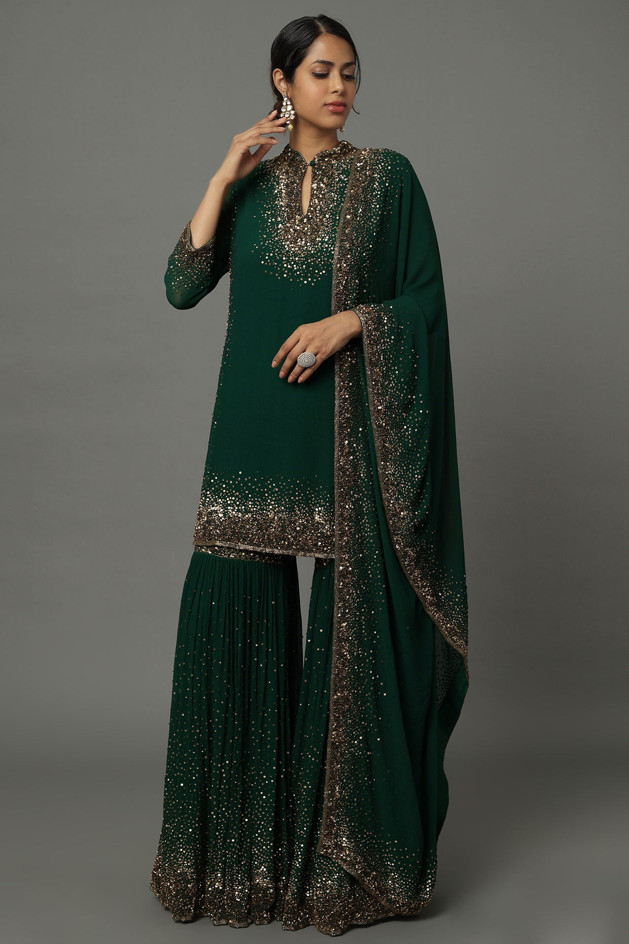 Emerald Green Embroidered Sharara Set by Nakul Sen