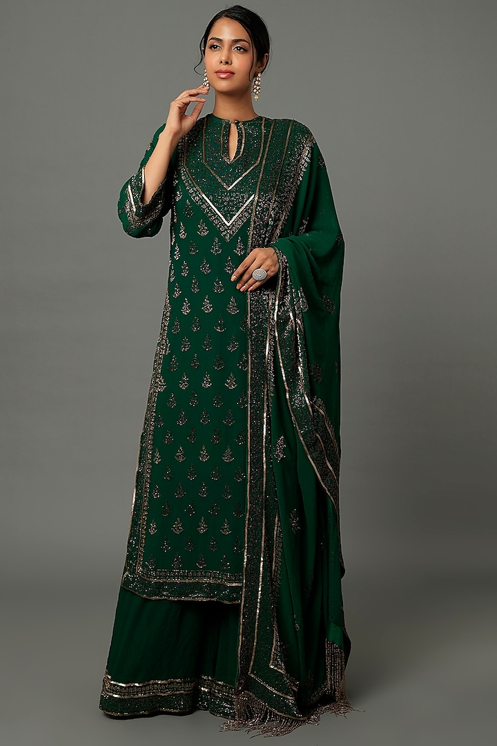 Emerald Green Silk Chiffon Sharara Set by Nakul Sen