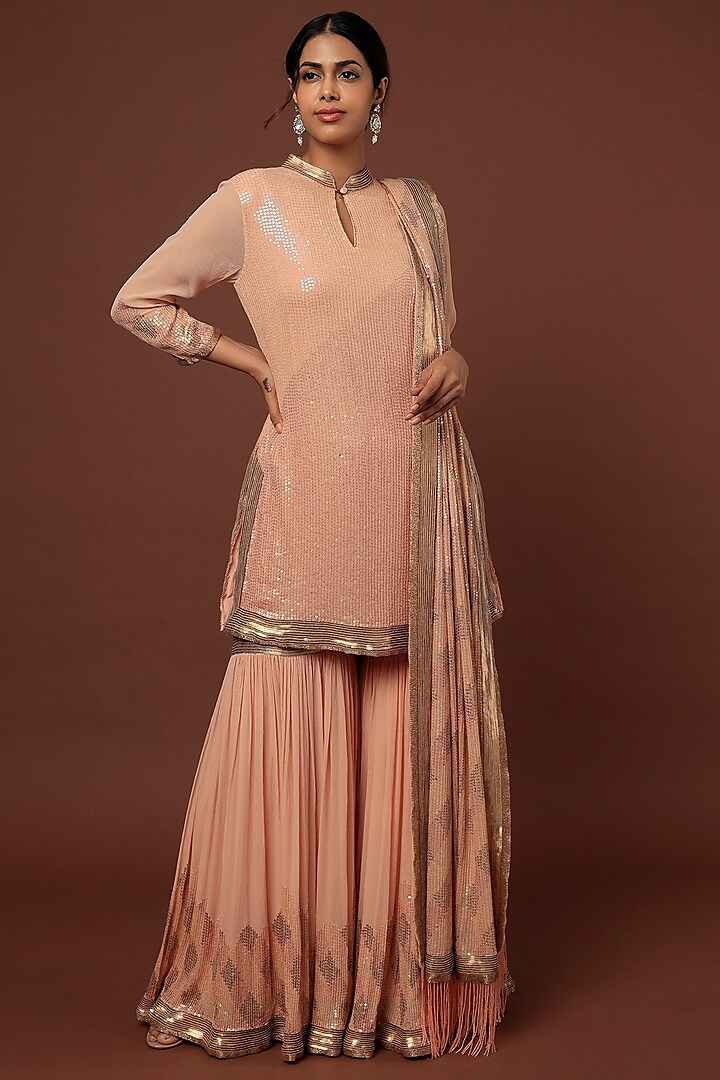 Blush Pink Silk Chiffon Sharara Set by Nakul Sen