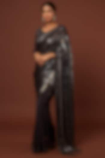 Charcoal Sequins Embroidered Saree Set by Nakul Sen