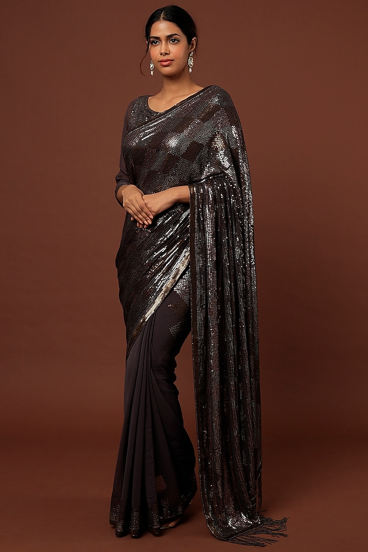 Charcoal Sequins Embroidered Saree Set by Nakul Sen