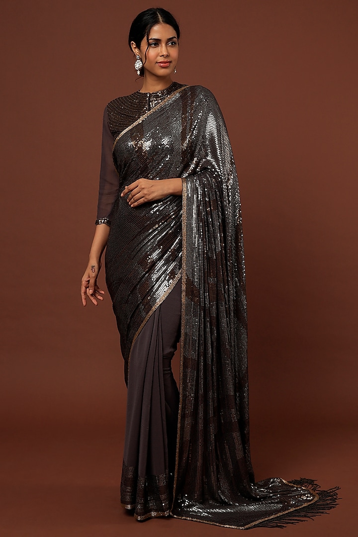 Charcoal Embroidered Saree Set by Nakul Sen