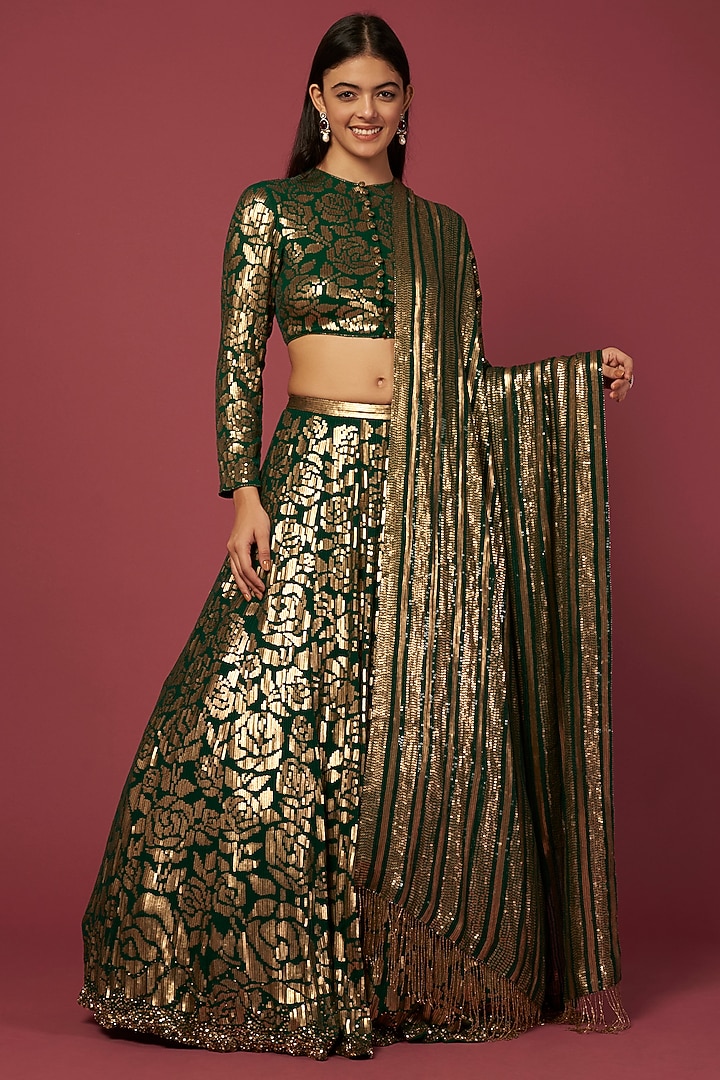 Green Sequins Work Bridal Lehenga Set by Nakul Sen at Pernia's Pop Up Shop
