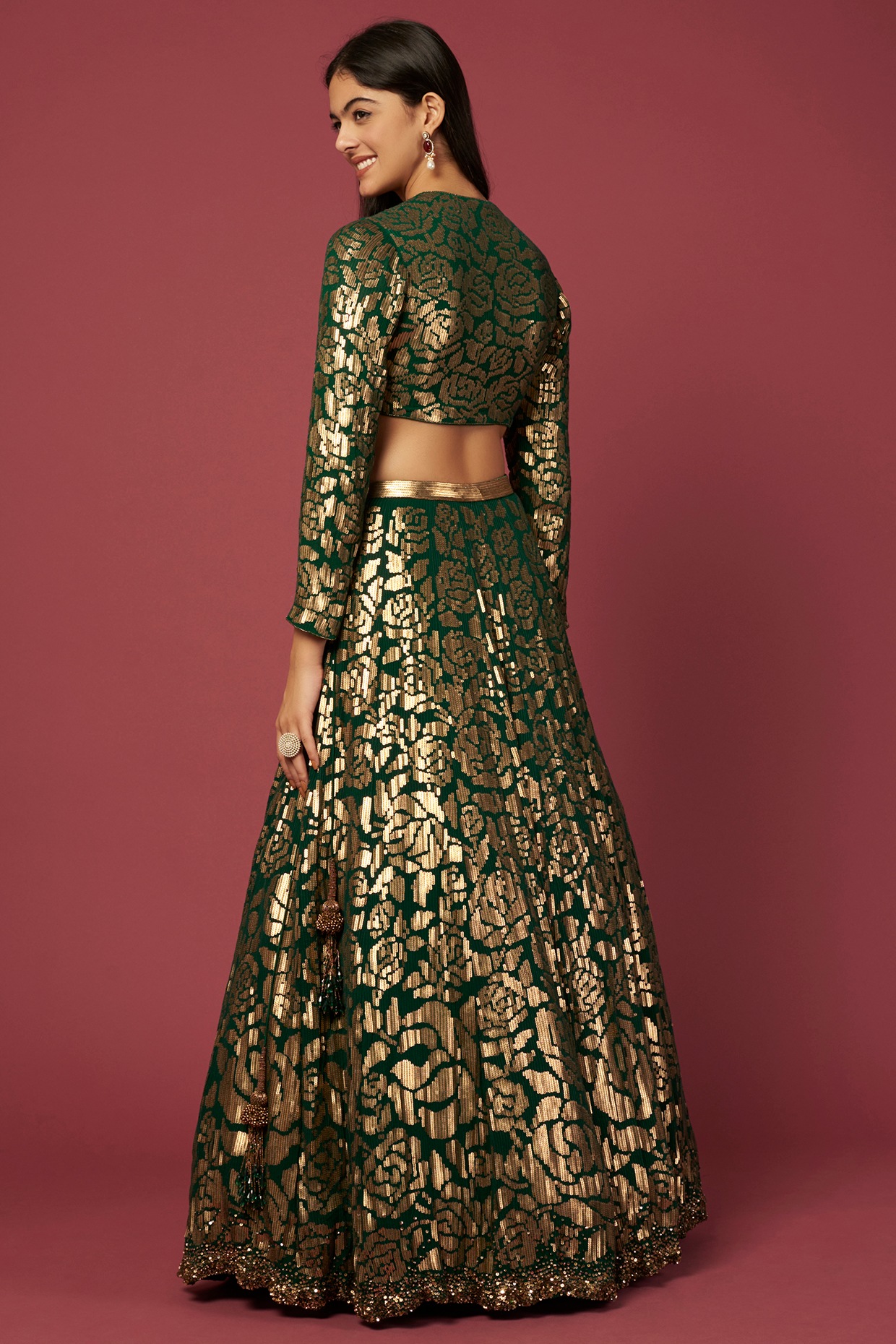 Loka by Veerali Raveshia Sequin Work Lehenga Set | Green, Thread Work,  Chanderi Silk, Sweetheart, Sleeveless | Aza fashion, Fashion, Sequin lehenga