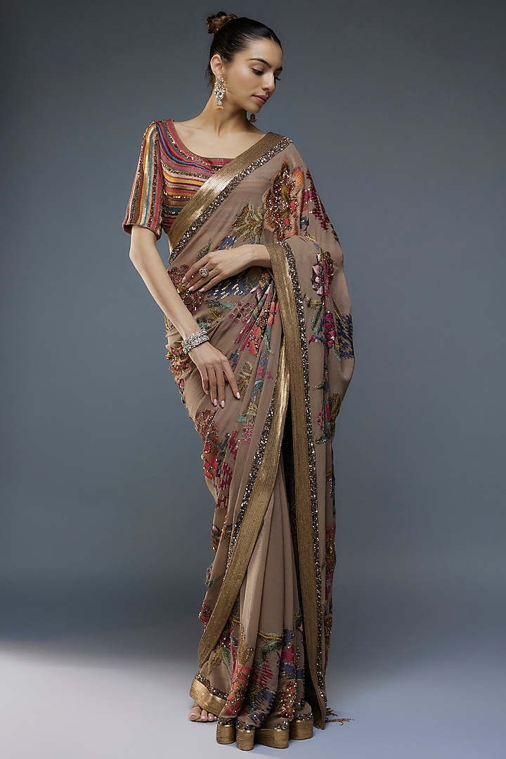 Brown Chiffon Floral Thread Embroidered Saree Set by Nakul Sen at Pernia's Pop Up Shop