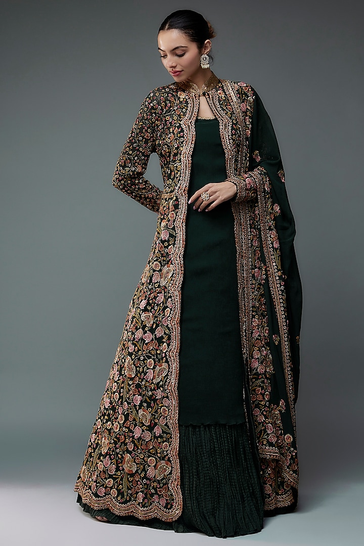 Bottle Green Chiffon Floral Thread Embroidered Jacket Set by Nakul Sen at Pernia's Pop Up Shop