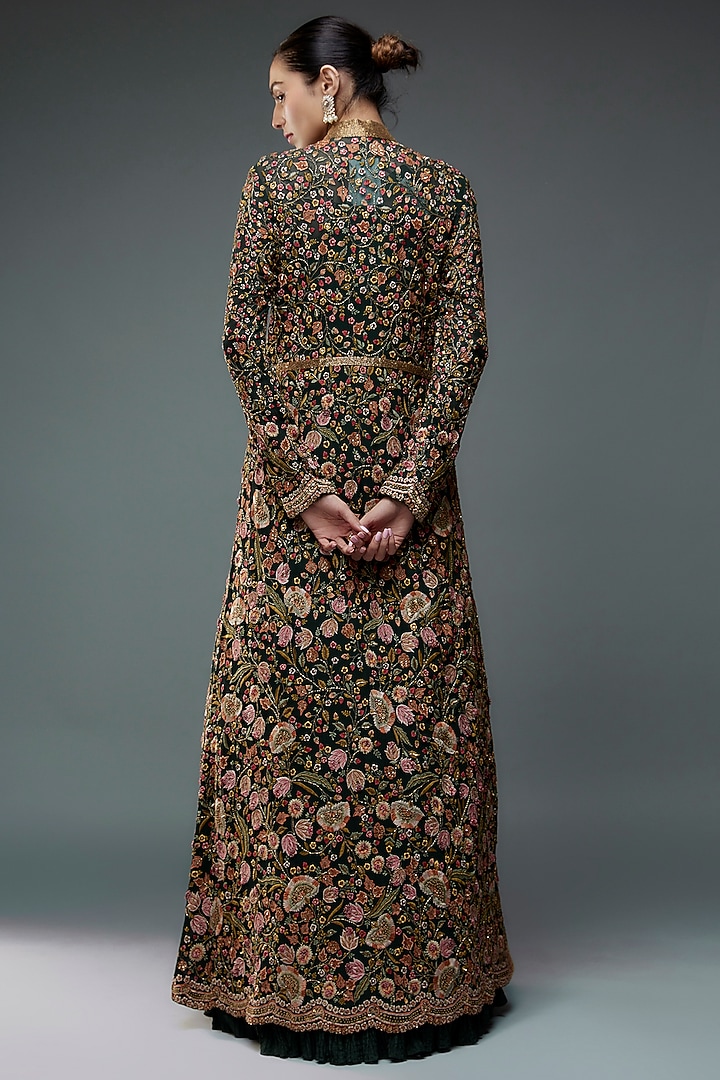 Bottle Green Chiffon Floral Thread Embroidered Jacket Set by Nakul Sen at Pernia's Pop Up Shop