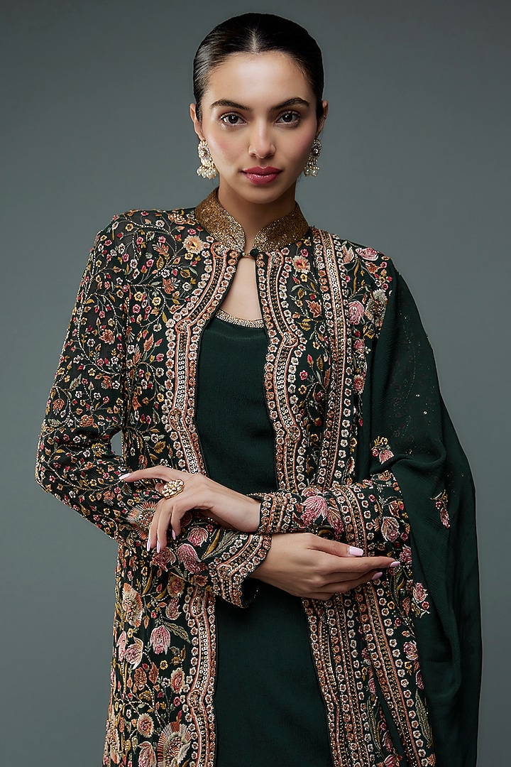Bottle Green Chiffon Floral Thread Embroidered Jacket Set by Nakul Sen at Pernia's Pop Up Shop