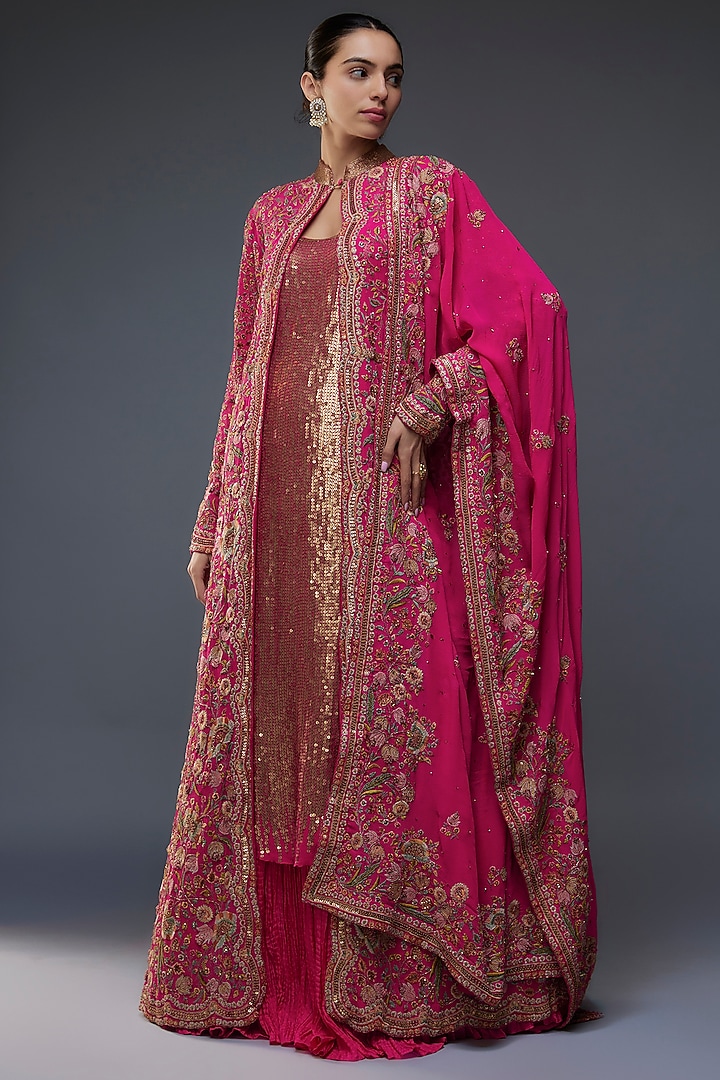 Rani Pink Chiffon Floral Thread Embroidered Jacket Set by Nakul Sen at Pernia's Pop Up Shop