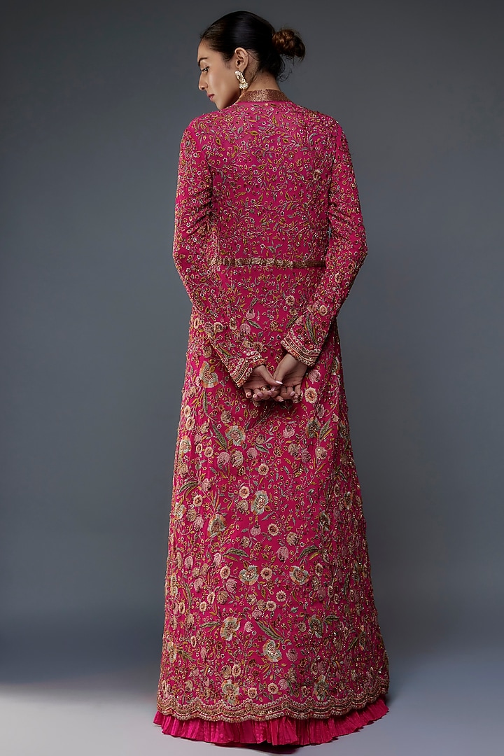 Rani Pink Chiffon Floral Thread Embroidered Jacket Set by Nakul Sen at Pernia's Pop Up Shop
