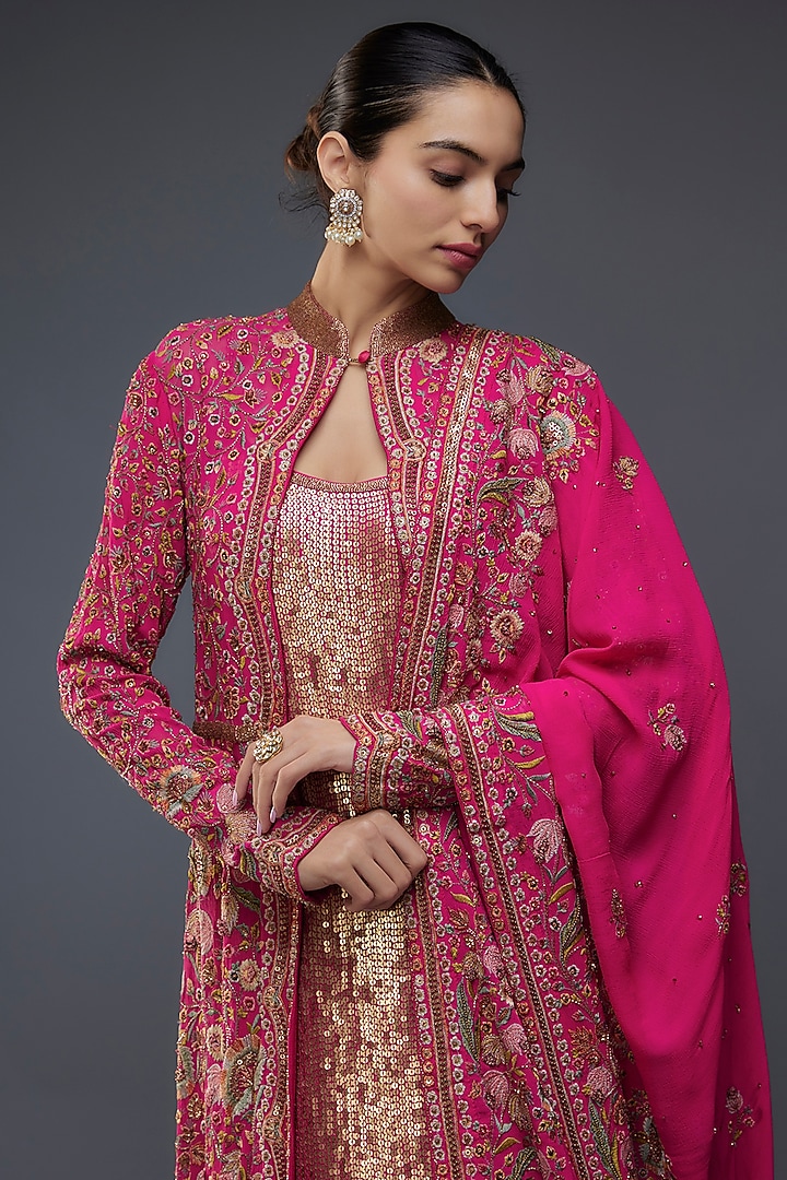Rani Pink Chiffon Floral Thread Embroidered Jacket Set by Nakul Sen at Pernia's Pop Up Shop