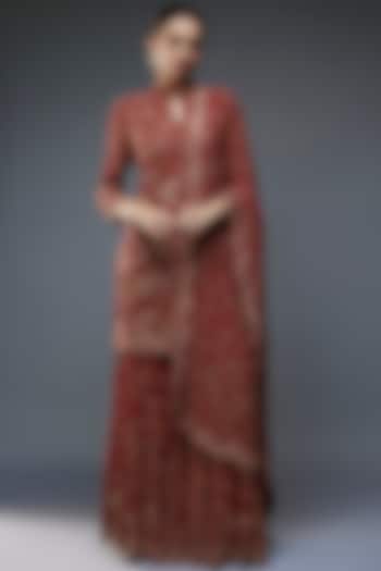 Red Silk Chiffon Floral Jamawar Embroidered Bridal Sharara Set by Nakul Sen at Pernia's Pop Up Shop