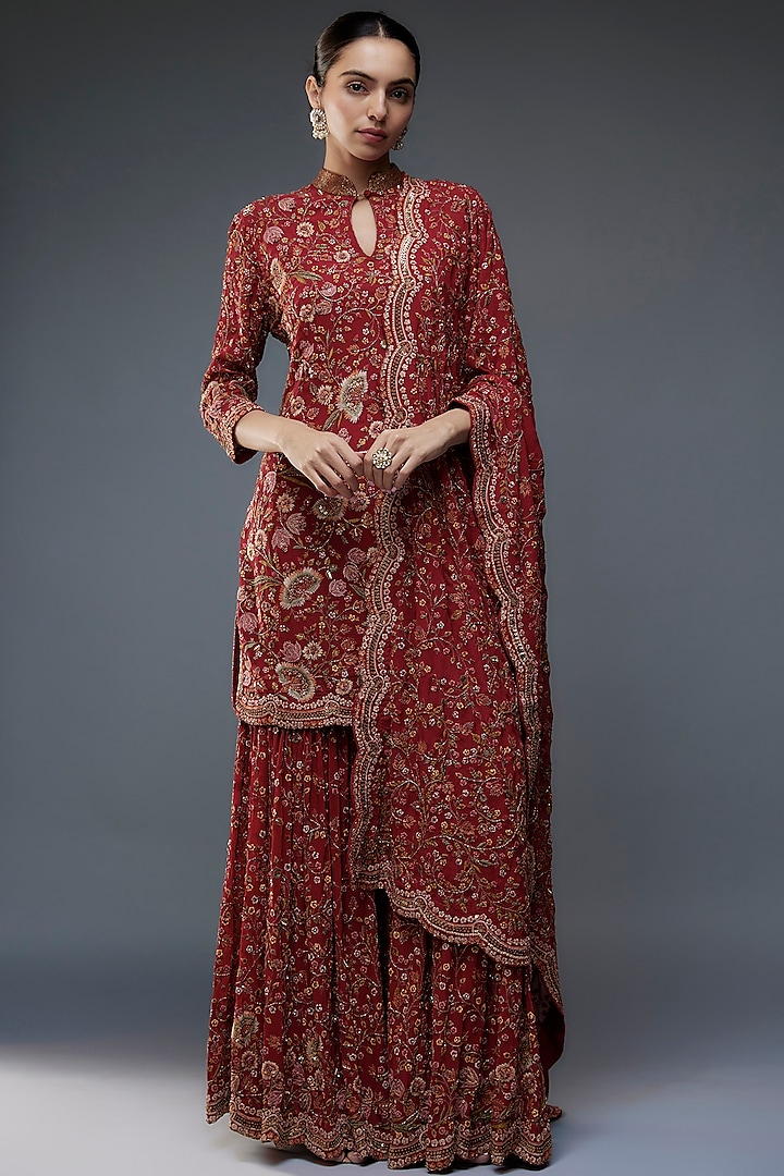 Red Silk Chiffon Floral Jamawar Embroidered Bridal Sharara Set by Nakul Sen at Pernia's Pop Up Shop