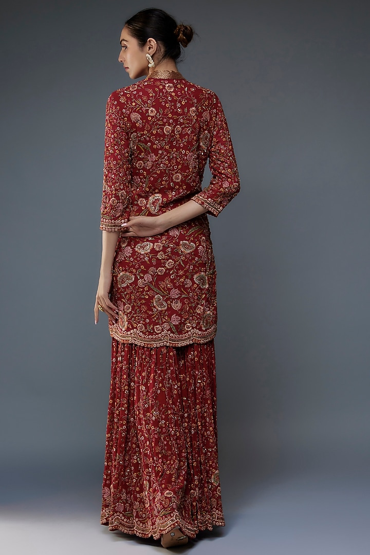 Pernia's Pop Up Shop - Nakul Sen Women Red Silk Chiffon Floral Jamawar Embroidered Sharara Set