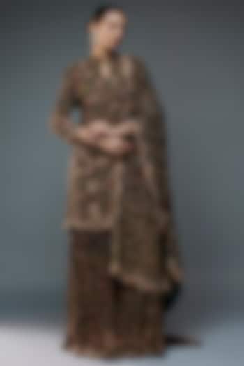 Bottle Green Silk Chiffon Floral Jamawar Embroidered Bridal Sharara Set by Nakul Sen at Pernia's Pop Up Shop