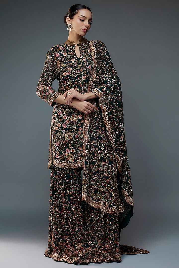 Bottle Green Silk Chiffon Floral Jamawar Embroidered Bridal Sharara Set by Nakul Sen at Pernia's Pop Up Shop