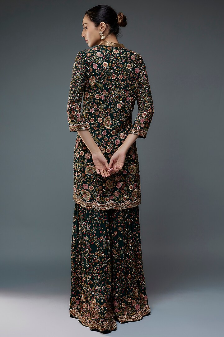 Bottle Green Silk Chiffon Floral Jamawar Embroidered Bridal Sharara Set by Nakul Sen at Pernia's Pop Up Shop
