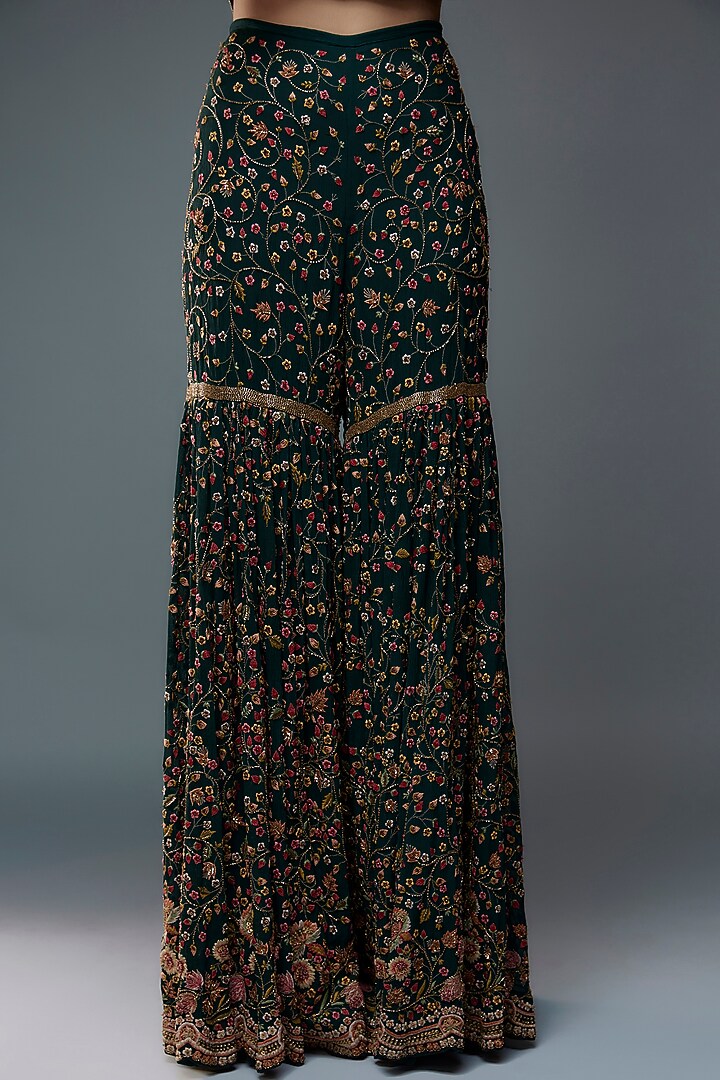 Bottle Green Silk Chiffon Floral Jamawar Embroidered Bridal Sharara Set by Nakul Sen at Pernia's Pop Up Shop
