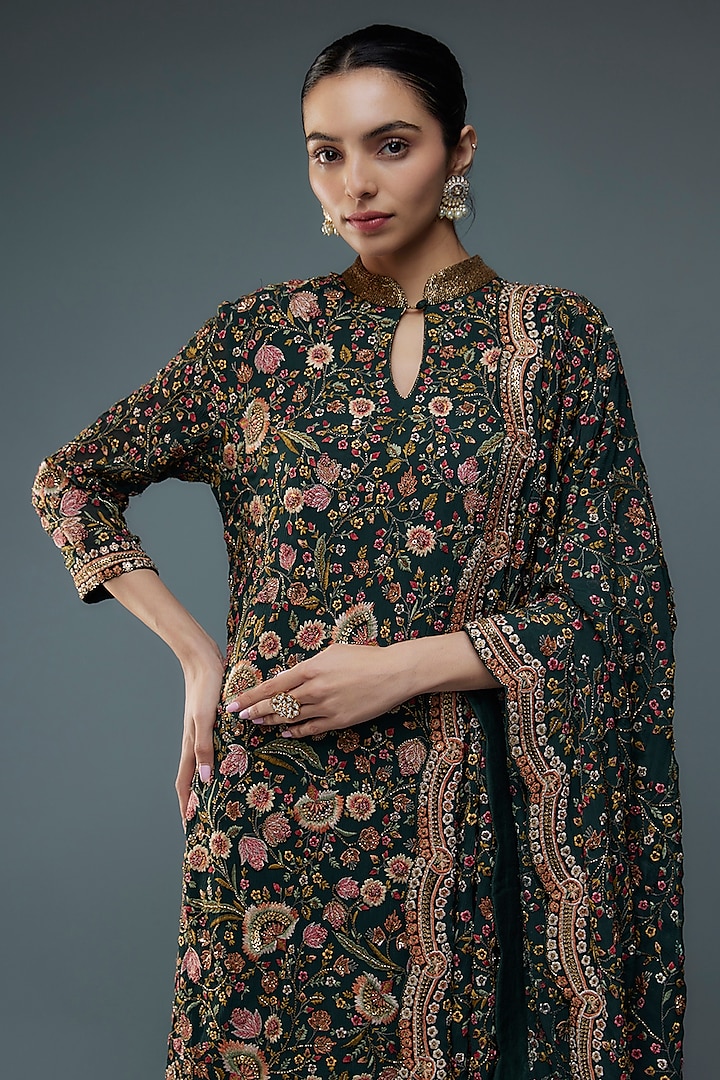 Bottle Green Silk Chiffon Floral Jamawar Embroidered Sharara Set by Nakul Sen at Pernia's Pop Up Shop 2026 Bottle Green Silk Chiffon Floral Jamawar Embroidered Sharara Set by Nakul Sen at Pernia's Pop Up Shop 2026