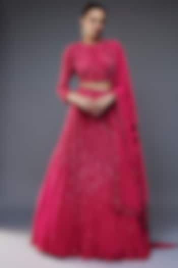 Rani Pink Chiffon Sequins Embroidered Bridal Lehenga Set by Nakul Sen at Pernia's Pop Up Shop
