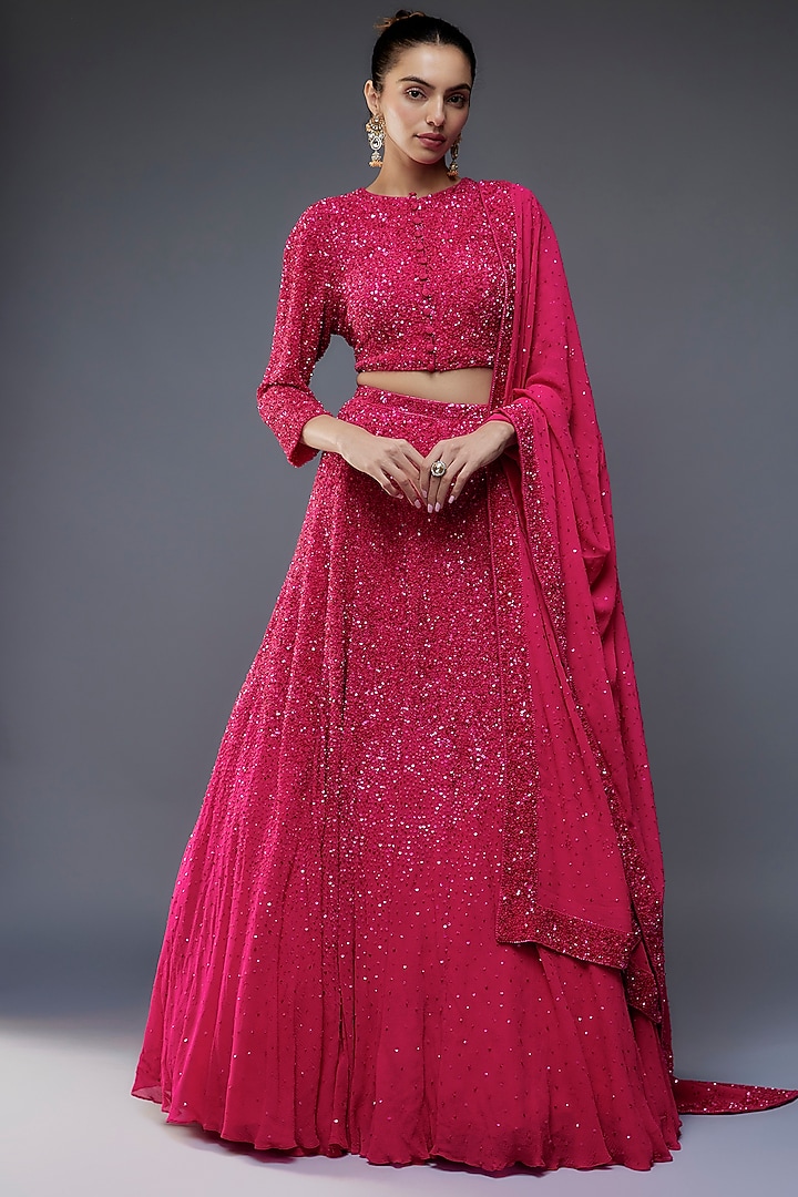 Rani Pink Chiffon Sequins Embroidered Bridal Lehenga Set by Nakul Sen at Pernia's Pop Up Shop