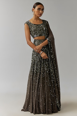 Grey Chiffon Sequins Embroidered Lehenga Set by Nakul Sen