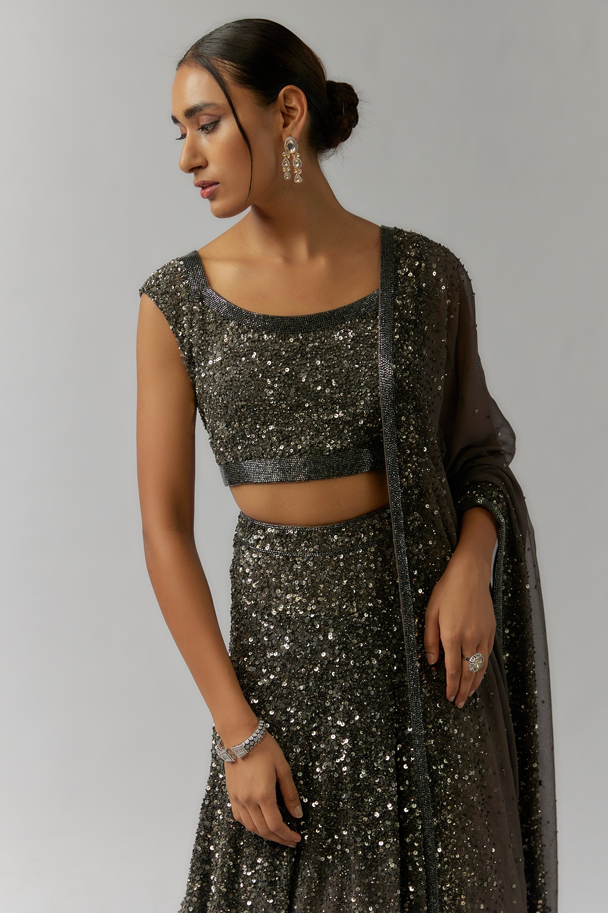 Maya all-over sequin lehenga skirt, dupatta and crop top in muted blush |  ASOS