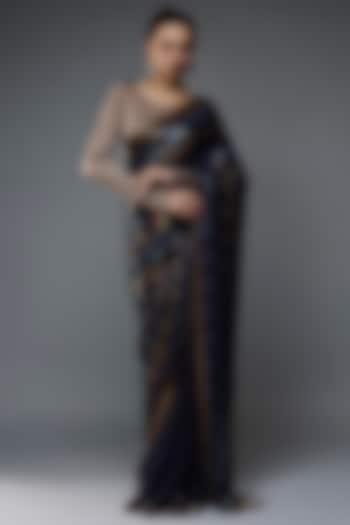 Navy Blue Chiffon Bridal Saree Set by Nakul Sen at Pernia's Pop Up Shop