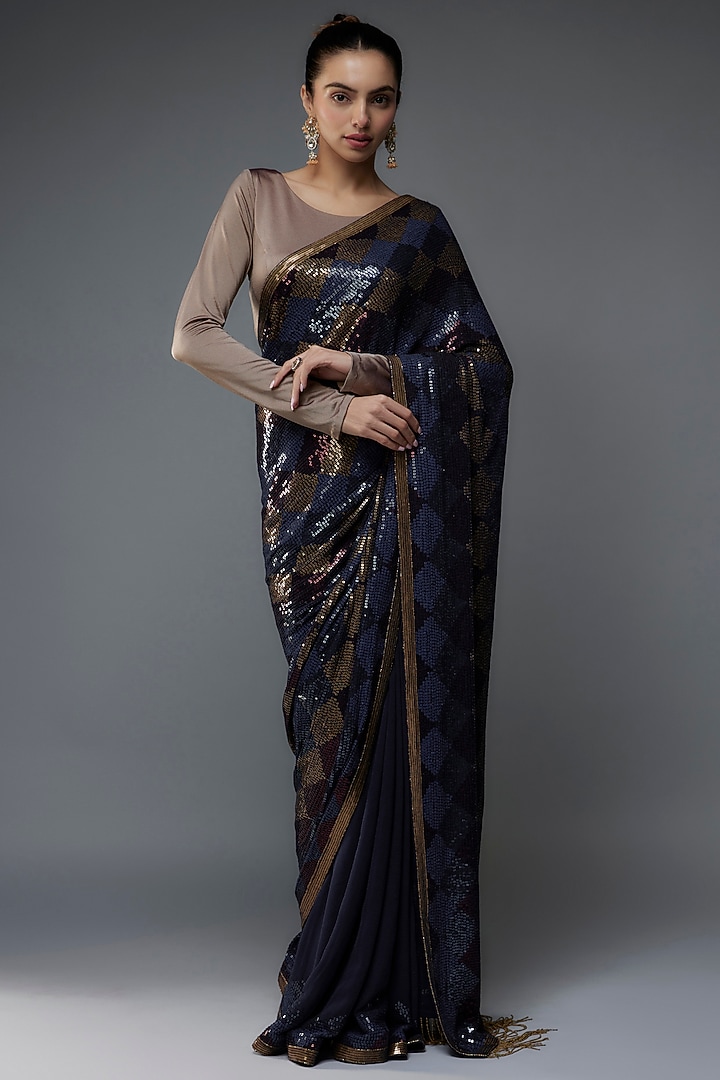 Navy Blue Chiffon Bridal Saree Set by Nakul Sen at Pernia's Pop Up Shop