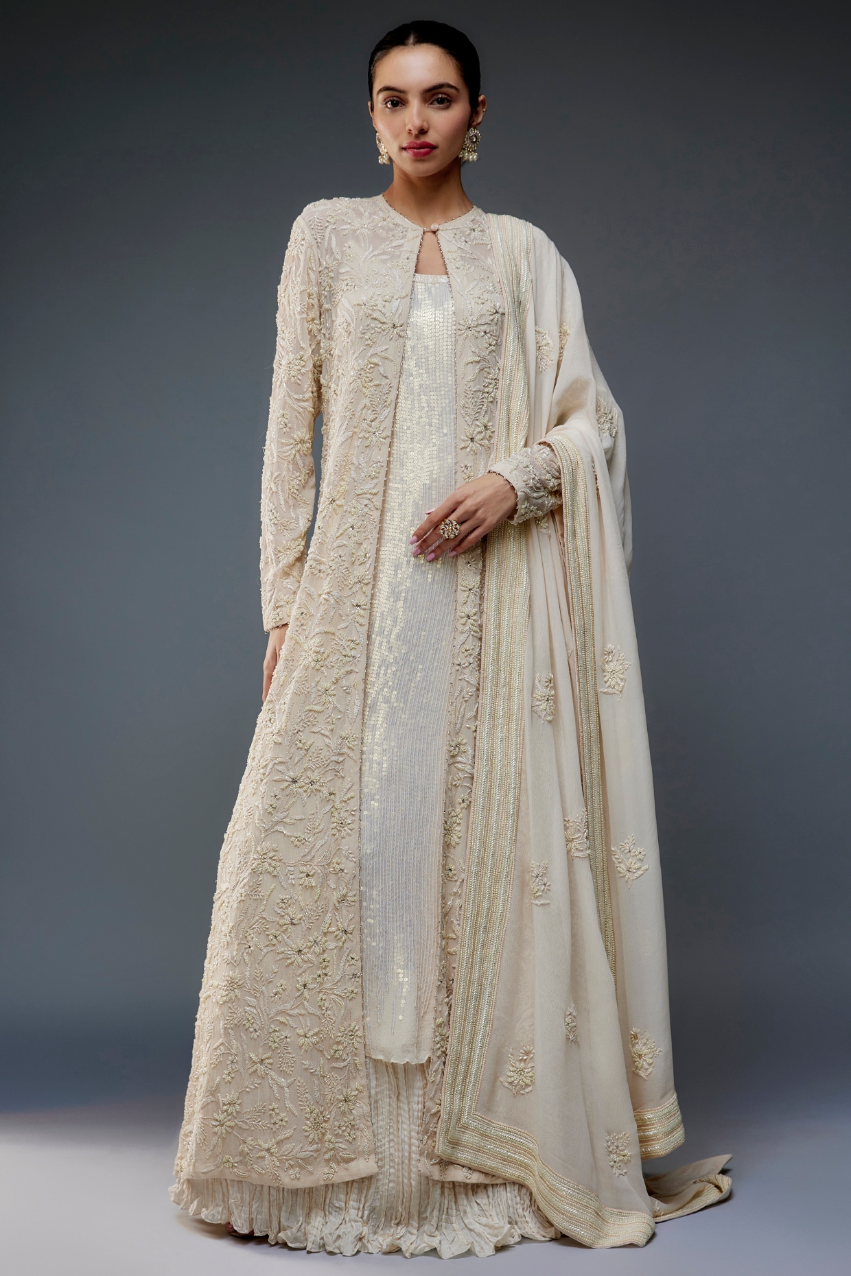 Ivory Silk Chiffon Jacket Set by Nakul Sen at Pernia s Pop Up Shop