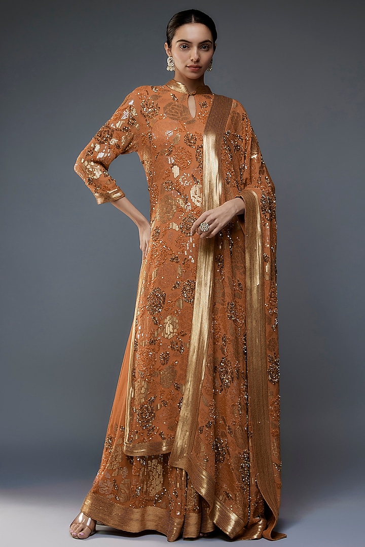 Mandarin Orange Silk Chiffon Sequins Embroidered Bridal Sharara Set by Nakul Sen at Pernia's Pop Up Shop