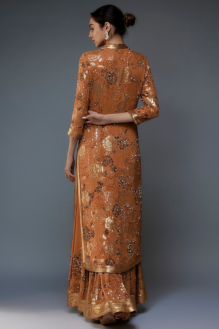 Mandarin Orange Silk Chiffon Sequins Embroidered Bridal Sharara Set by Nakul Sen at Pernia's Pop Up Shop