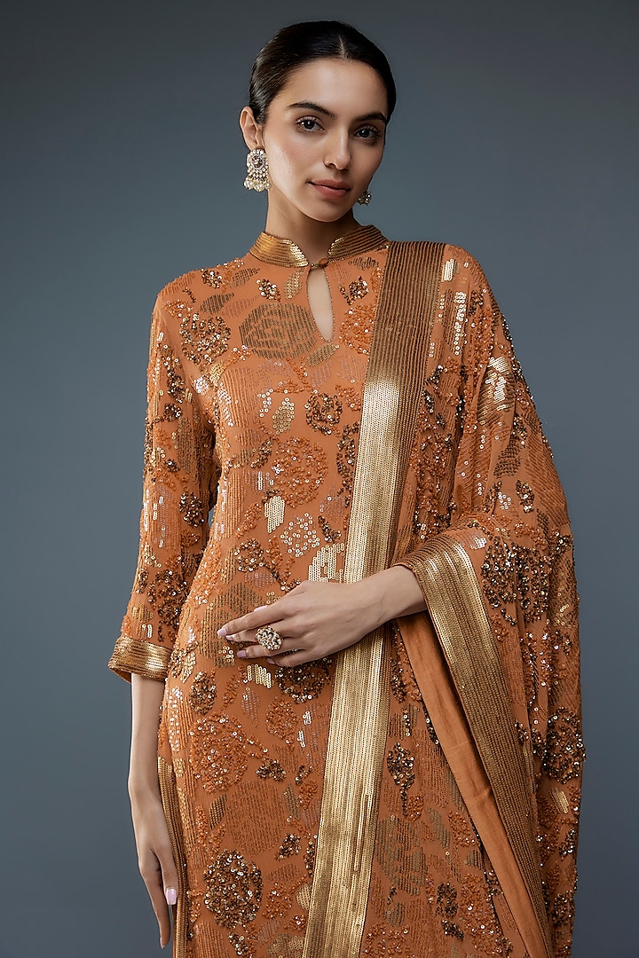 Mandarin Orange Silk Chiffon Sequins Embroidered Bridal Sharara Set by Nakul Sen at Pernia's Pop Up Shop